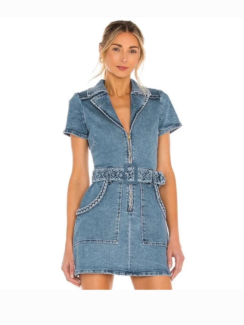 Show Me Your MuMu Light Blue Denim Mini Dress with Braided Belt